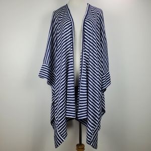 Liz Claiborne Open Front Cardigan Shiny Knit Navy Blue & White Striped Sz 2X 3X